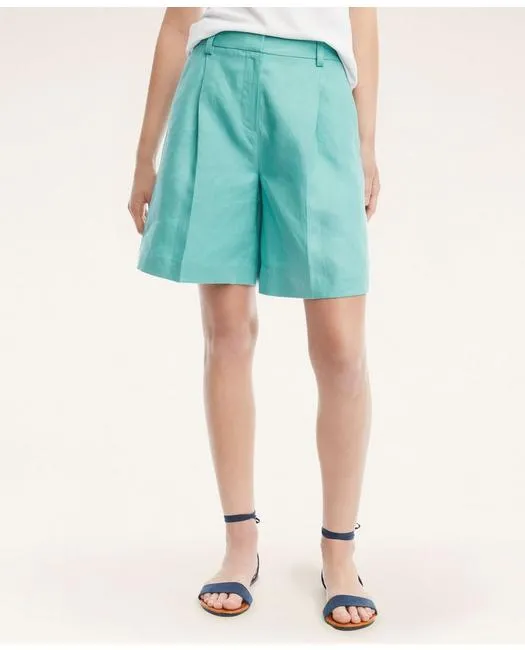 Brooks Brothers Women's Linen Pleated Shorts Green Brooks Brothers