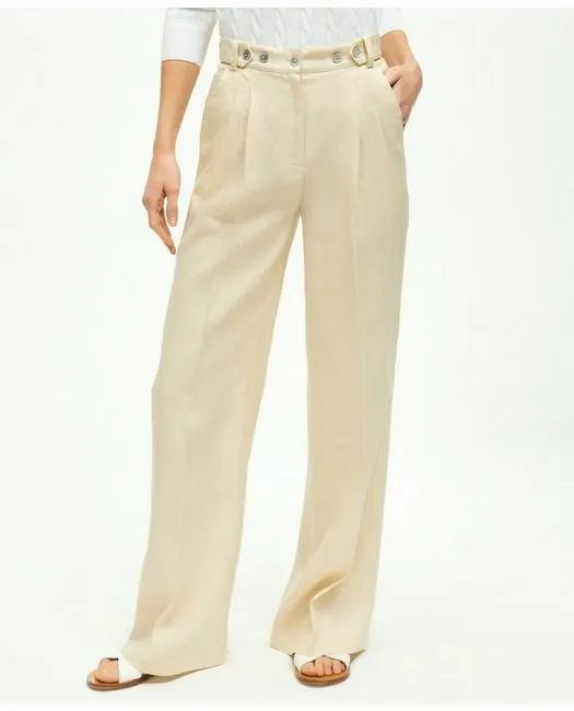 Brooks Brothers Women's Linen Wide Leg Pleated Pants Oatmeal Brooks Brothers