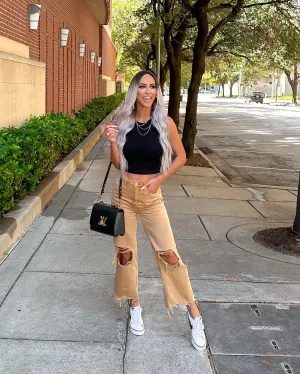 Brylee Distressed Crop Jeans - Sand