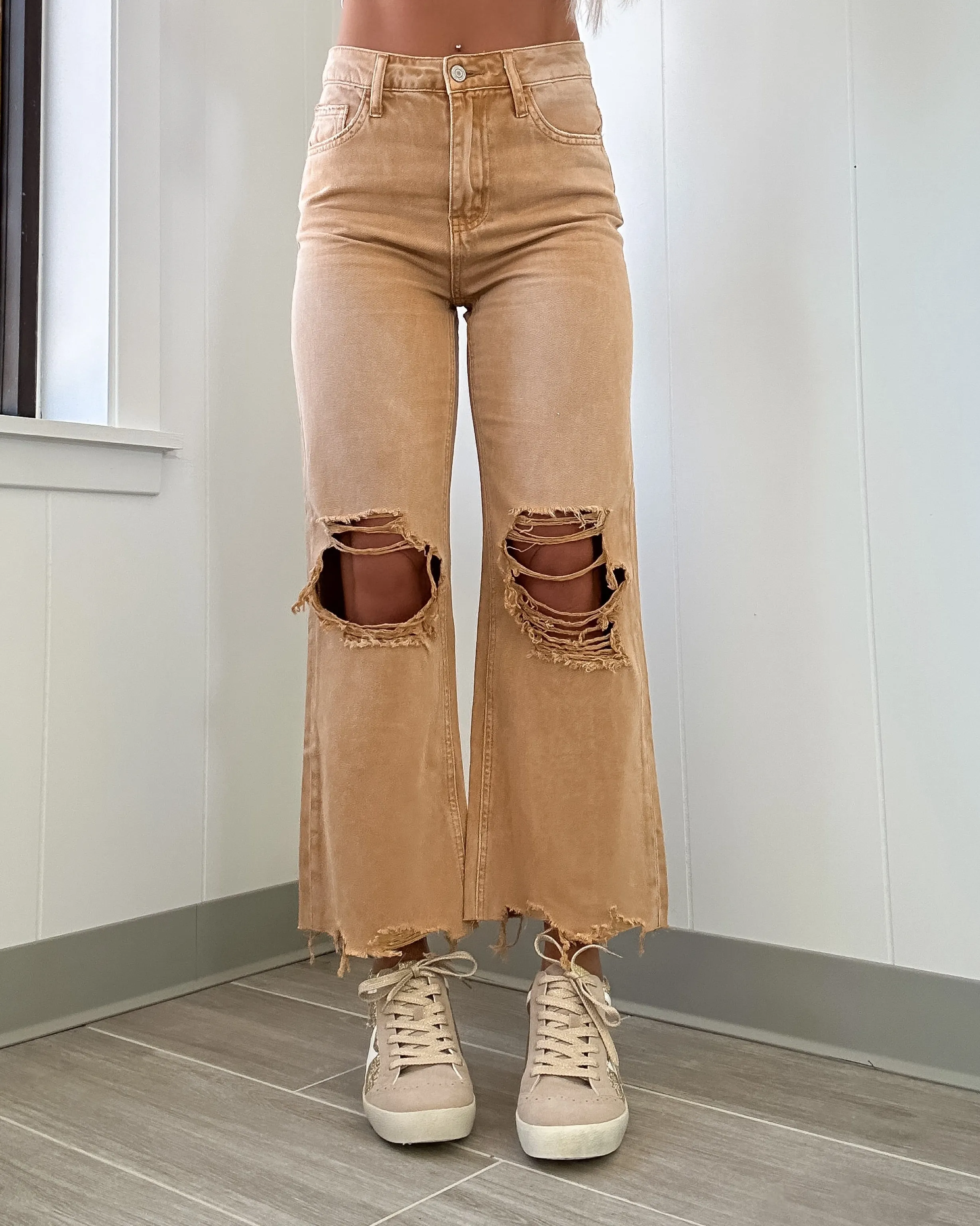Brylee Distressed Crop Jeans - Sand