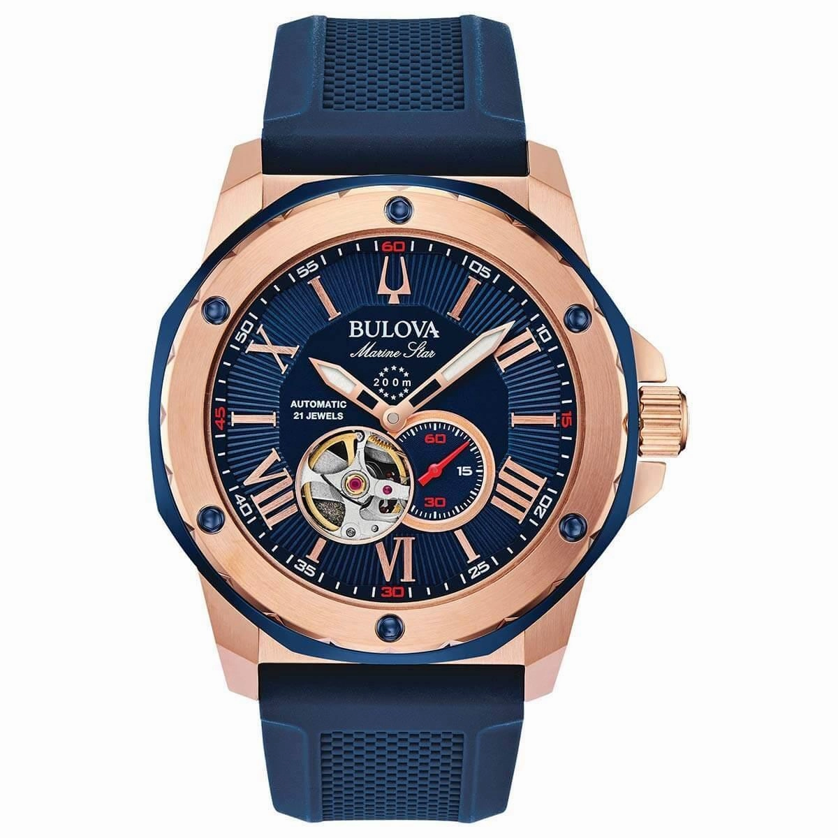 Bulova Men's Automatic Watch - Marine Star Blue & Red Silicone Rubber Strap | 98A227,automatic watch,automatic watches for men,automatic watches for women,luxury automatic watch,minimalist automatic watch,dress automatic watch,vintage automatic watch,