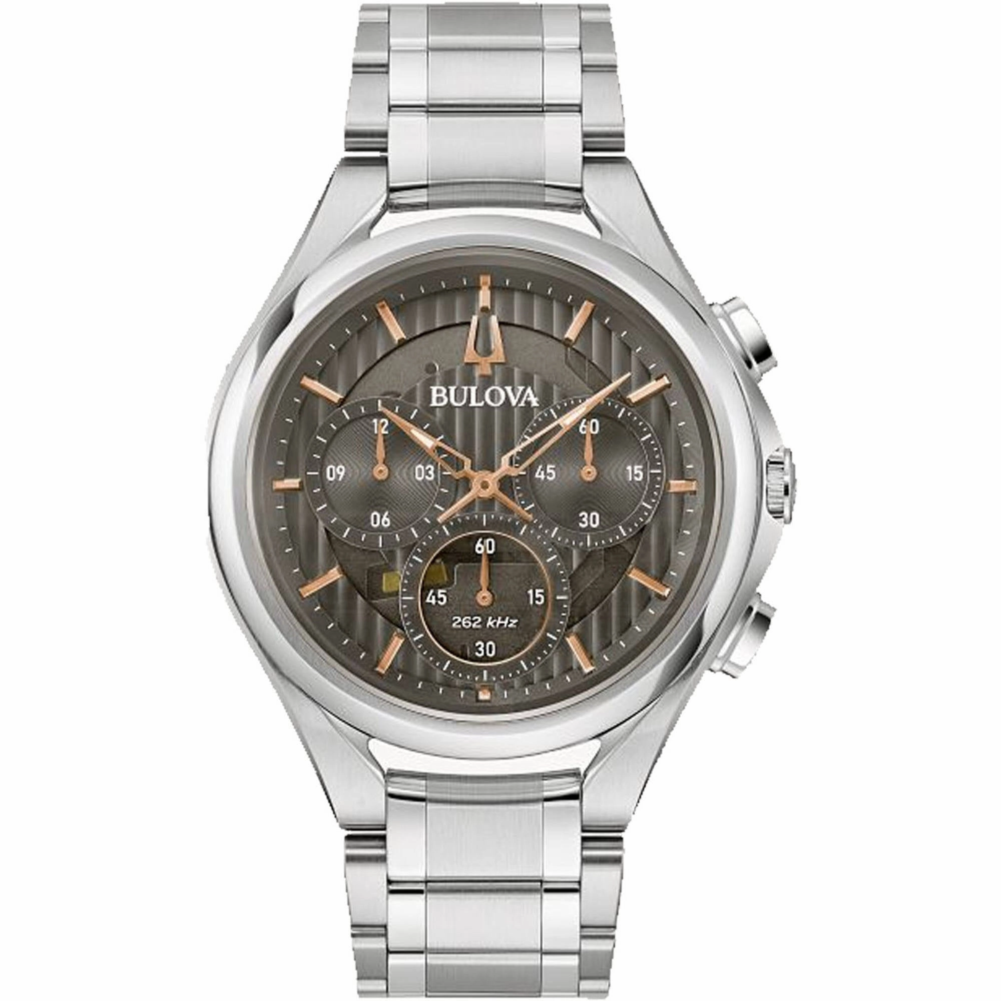 Bulova Men's Watch - Curv Quartz Chrono Grey Dial Silver Steel Bracelet | 96A298 