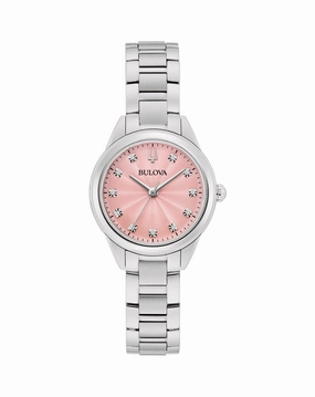 Bulova Sutton Diamond-Accented Pink Sunray Dial Stainless Steel Watch for Women 96P249 