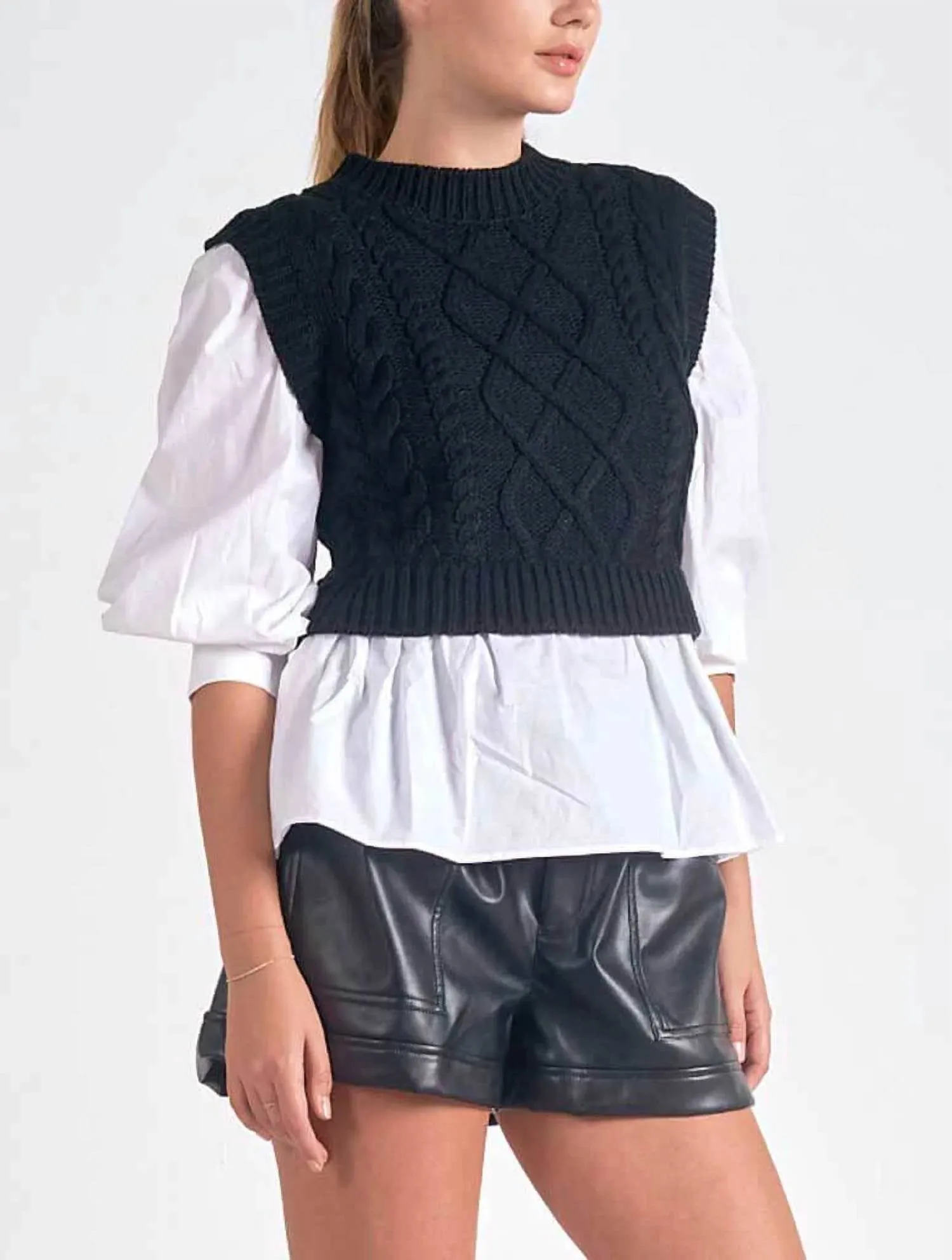 Cable Sweater Vest With Attached Blouse In Black/white