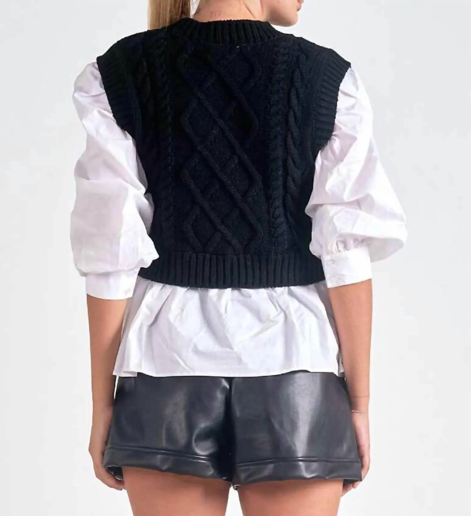 Cable Sweater Vest With Attached Blouse In Black/white