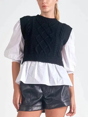 Cable Sweater Vest With Attached Blouse In Black/white