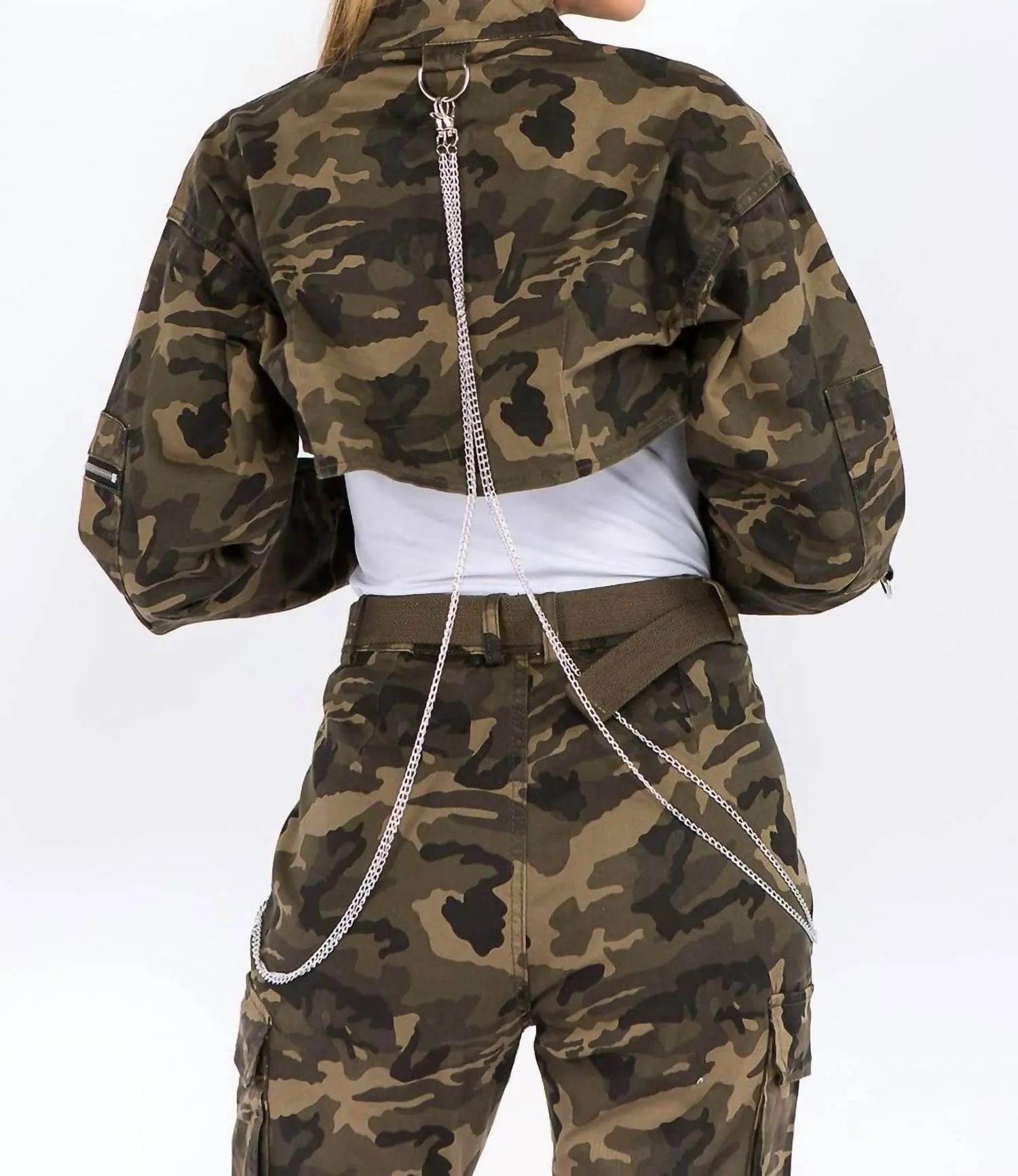 Camouflage Cropped Jacket With Chains In Olive Camo
