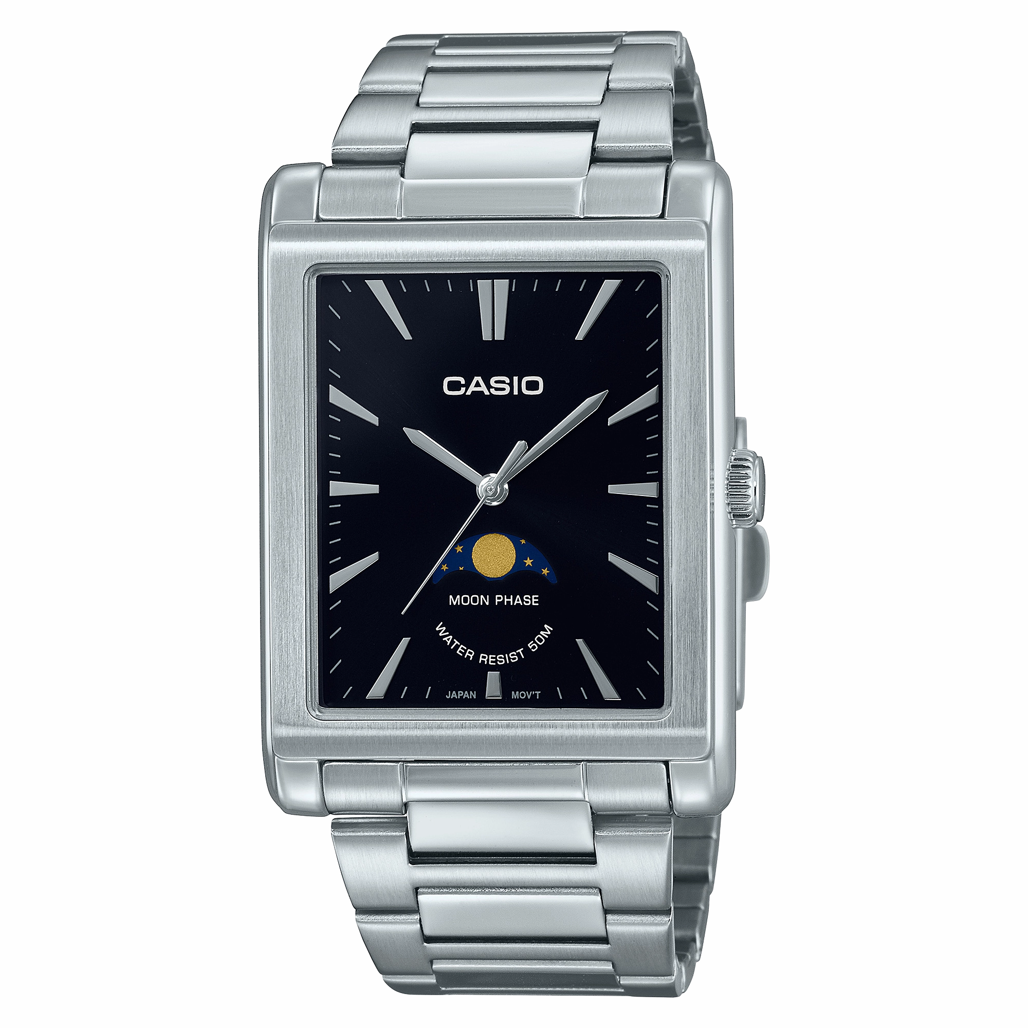 Casio Analog Moon Phase Silver Stainless Steel Watch MTPM105D-1A,quartz watch, quartz watches for men, quartz watches for women, best quartz watch, minimalist quartz watch, luxury quartz watch, waterproof quartz watch,analog quartz watch, digital quartz wa