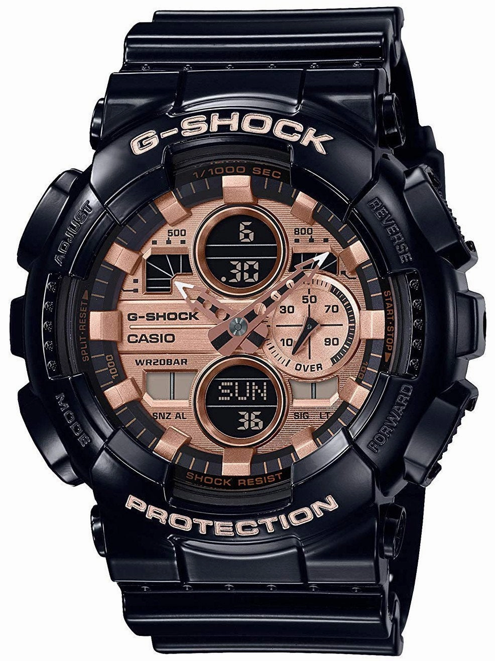 Casio G-Shock GLOSSY GOLD Mens Ana-Digi Black/Rose Gold Watch GA140GB-1A2 Hypoallergenic Silicone Watch Discount Silicone Watches