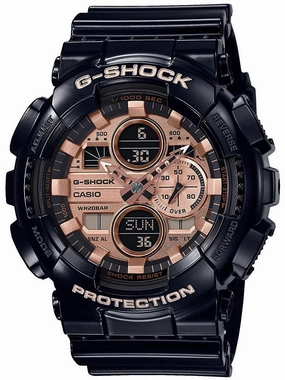 Casio G-Shock GLOSSY GOLD Mens Ana-Digi Black/Rose Gold Watch GA140GB-1A2 Hypoallergenic Silicone Watch Discount Silicone Watches