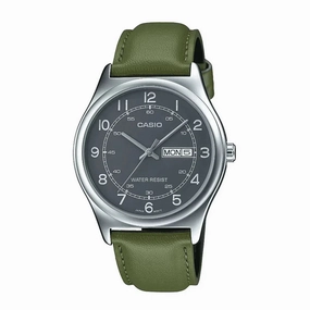 Casio MTP-V006L-3B Green Leather Watch for Men Affordable casual watches Sporty casual watches Affordable luxury casual watches