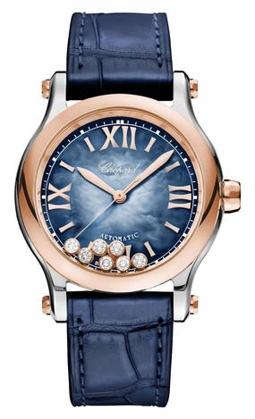 Chopard Happy Sport Automatic 18K Rose Gold & Stainless Steel Blue Mother-Of-Pearl Dial Blue Leather Floating Diamonds Womens Watch 278578-6003 Women??s luxury watches Affordable women watches