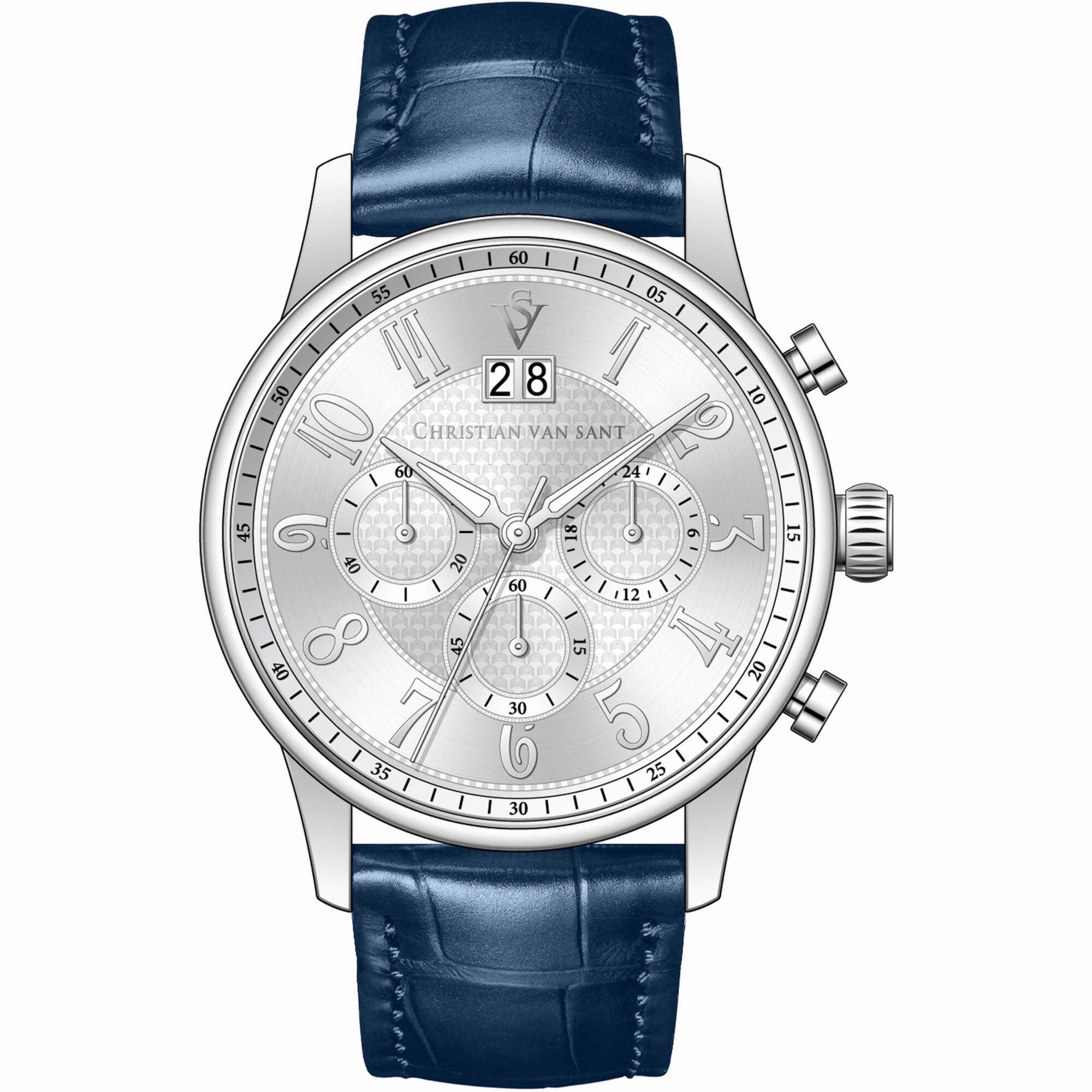 Christian Van Sant Men's Watch - Heritage Silver Dial Blue Leather Strap | CV3942 