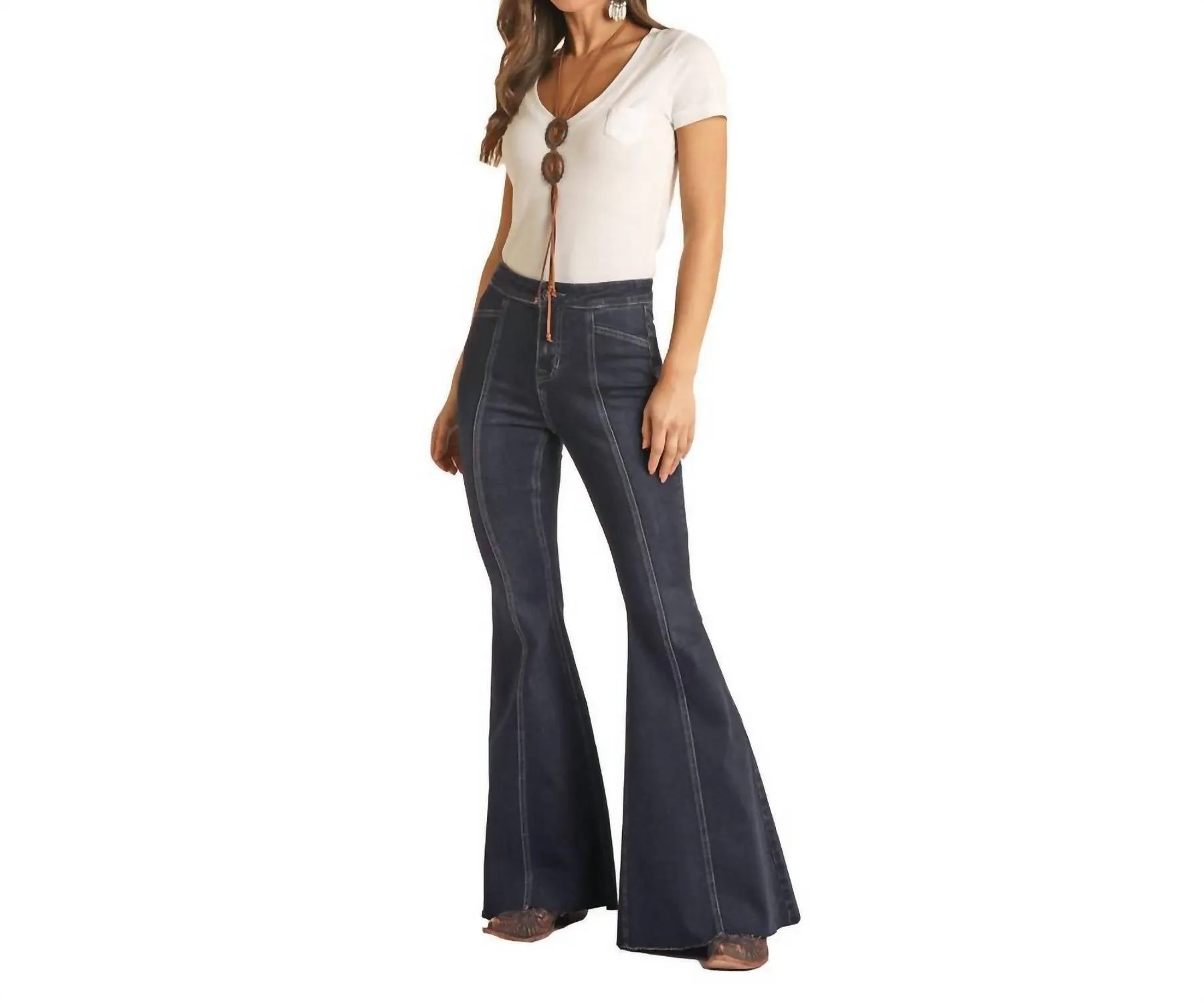Cowgirl Front Seam Bargain Bell Flare Stretch Jean In Dark Wash