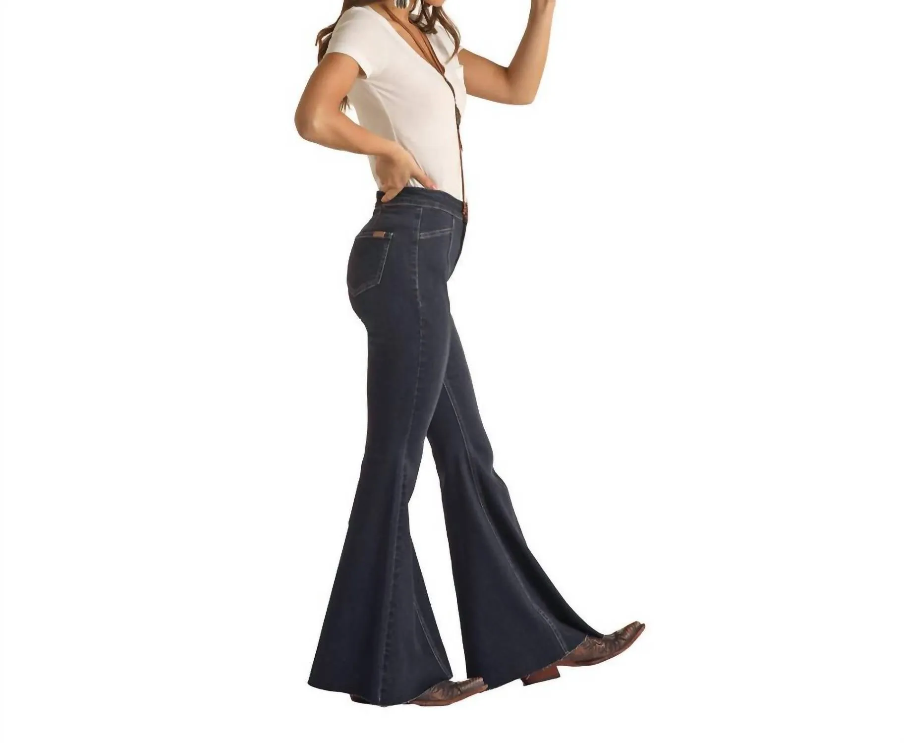 Cowgirl Front Seam Bargain Bell Flare Stretch Jean In Dark Wash