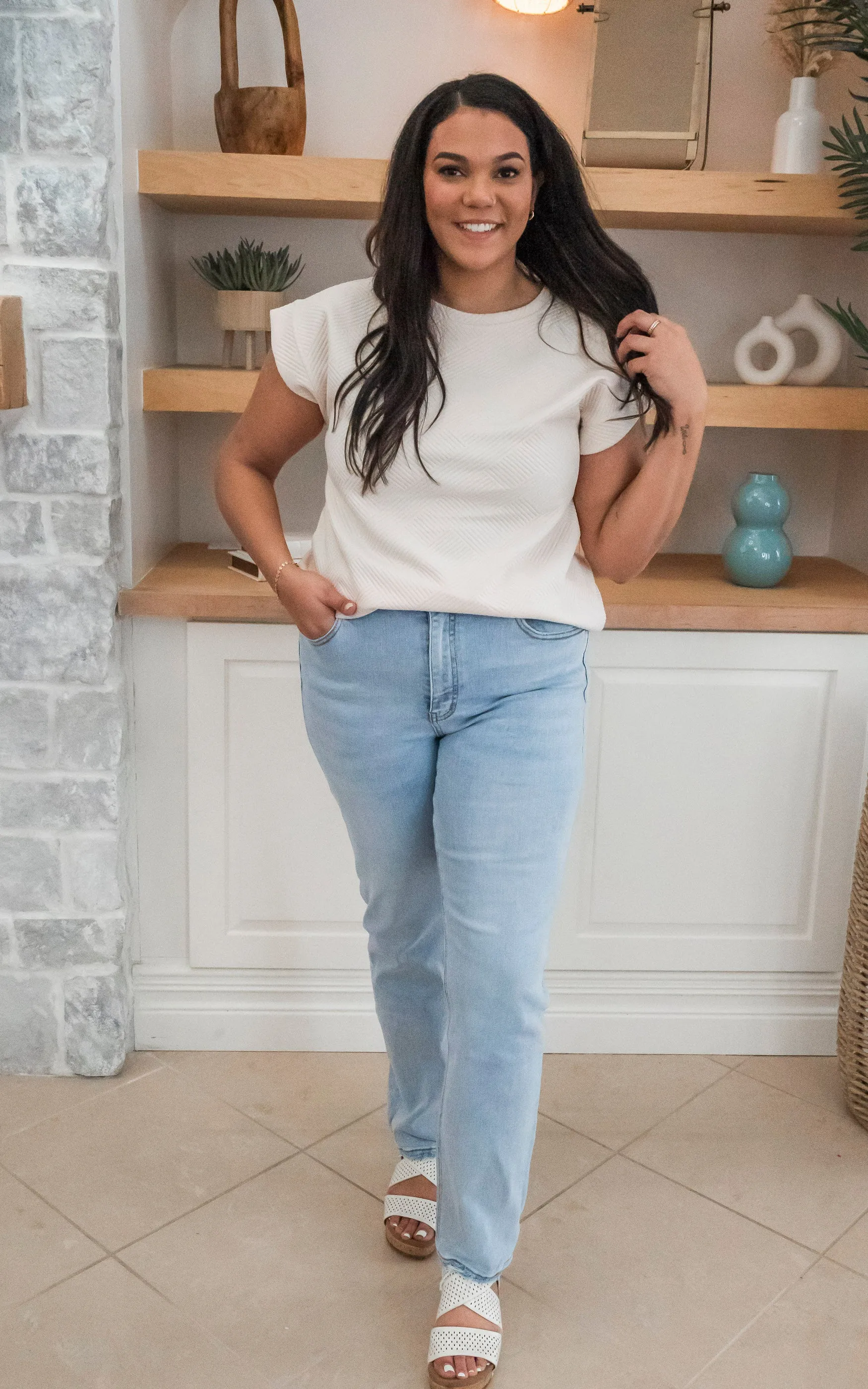 Cream Textured Short Sleeve Tops - Final Sale
