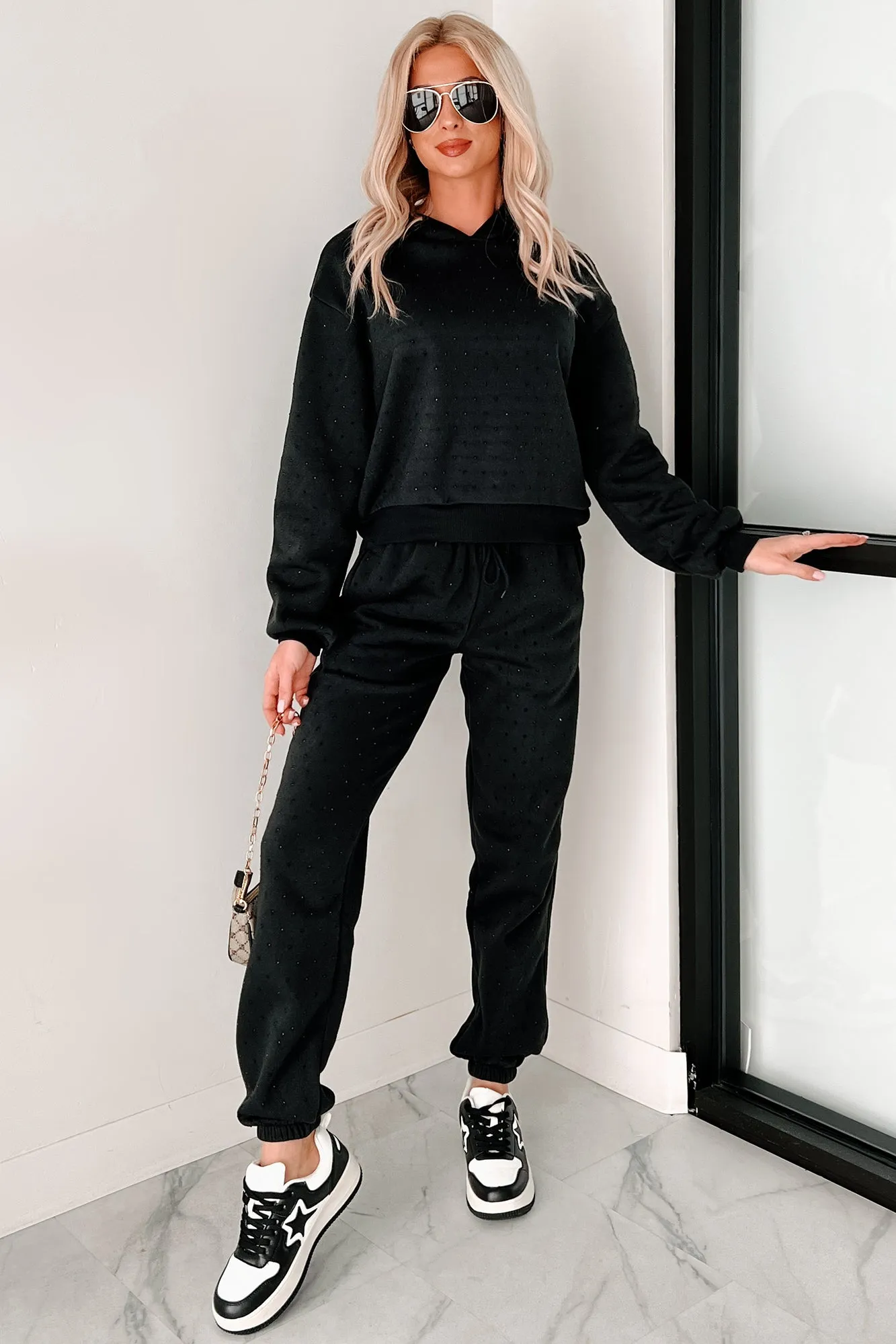 Dazzle and Dream Rhinestone Hoodie And Jogger Set (Black)