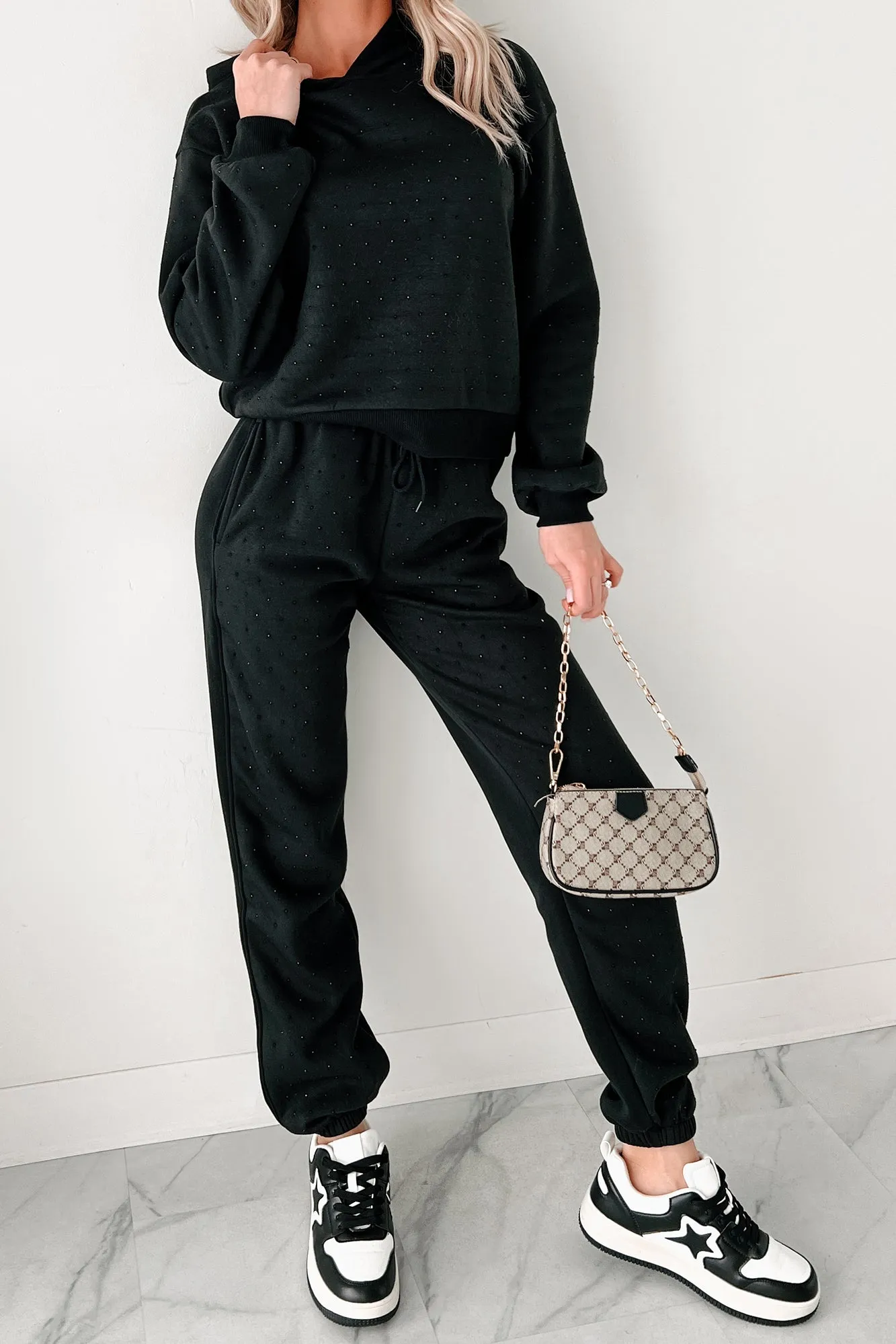 Dazzle and Dream Rhinestone Hoodie And Jogger Set (Black)