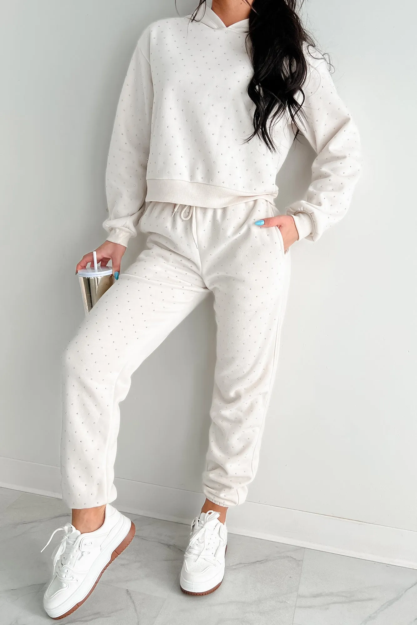Dazzle and Dream Rhinestone Hoodie And Jogger Set (Sand)