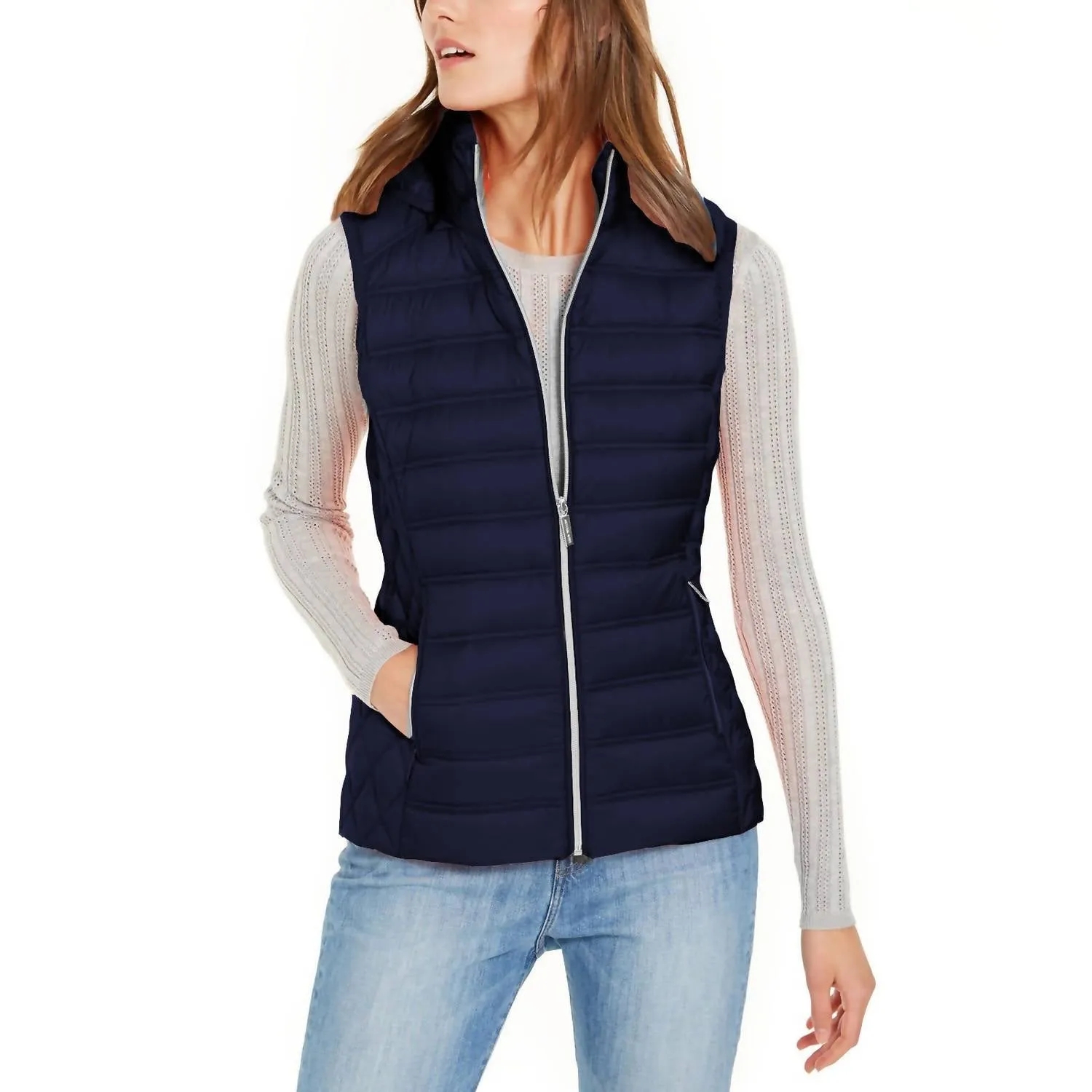 Down Fill Full Zip Removable Hood Puffer Vest In Navy Blue