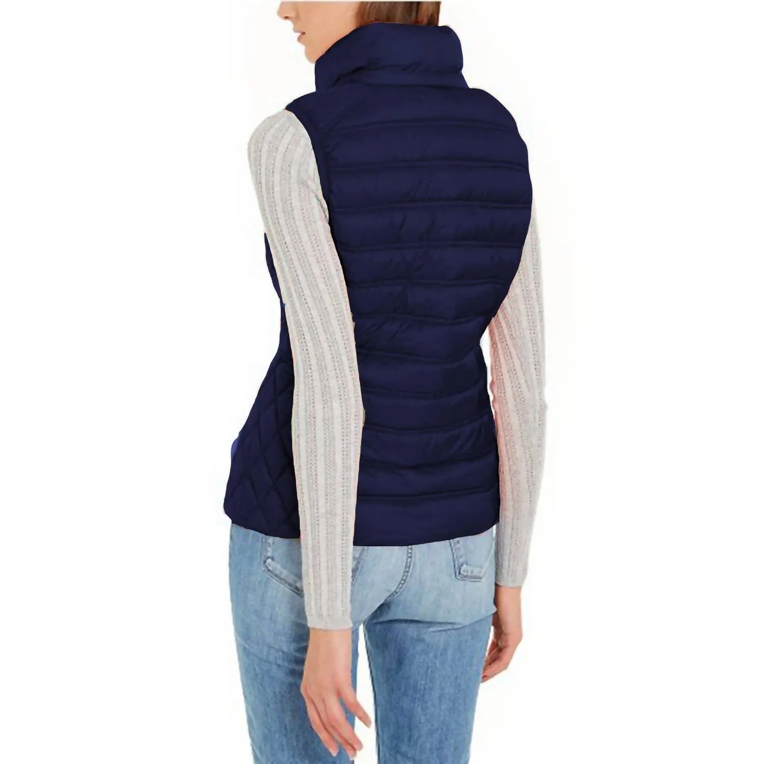 Down Fill Full Zip Removable Hood Puffer Vest In Navy Blue