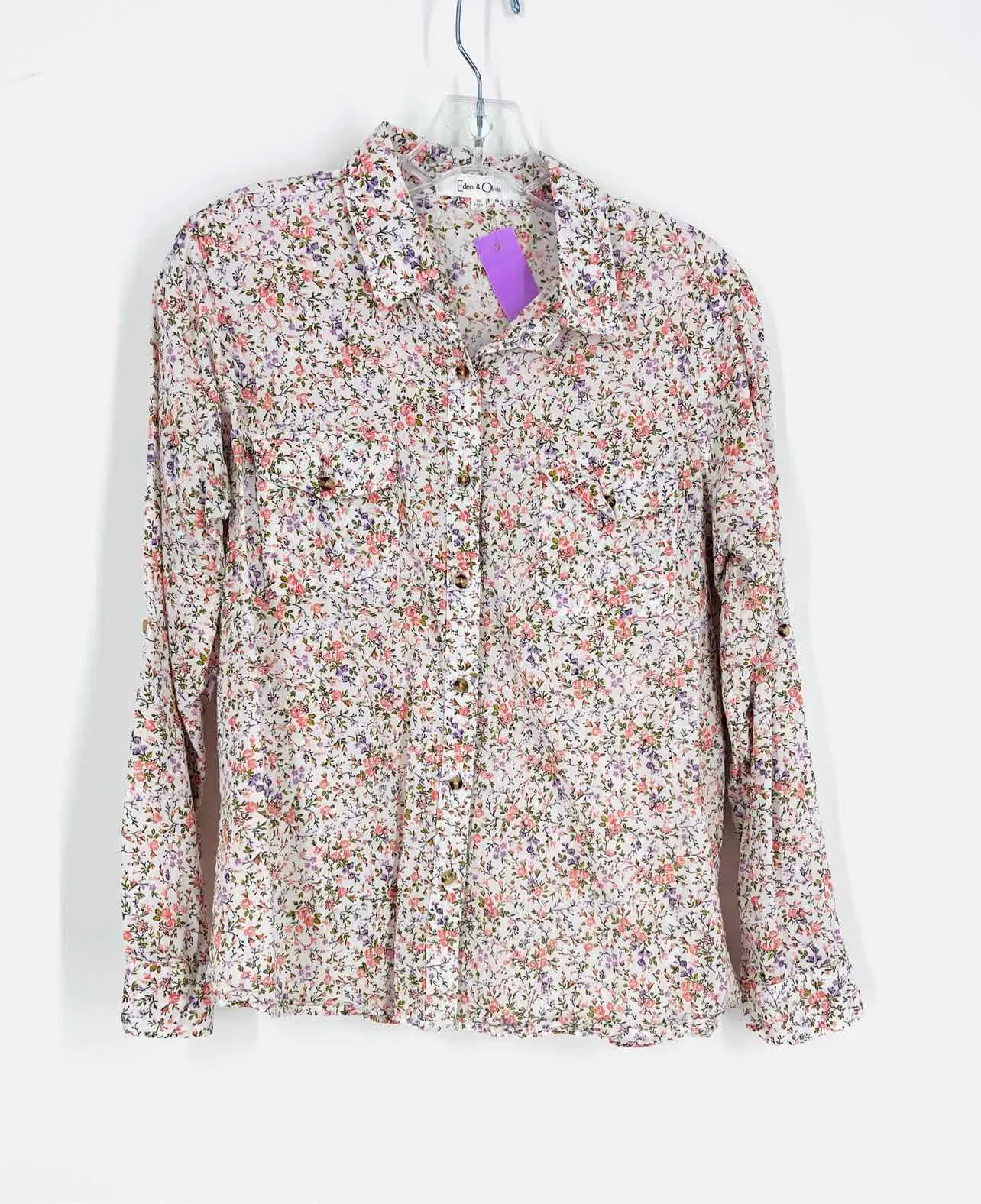 Eden & Olivia Size M Wh/Pk/Pu Floral Swiss Dot Tops Blouse