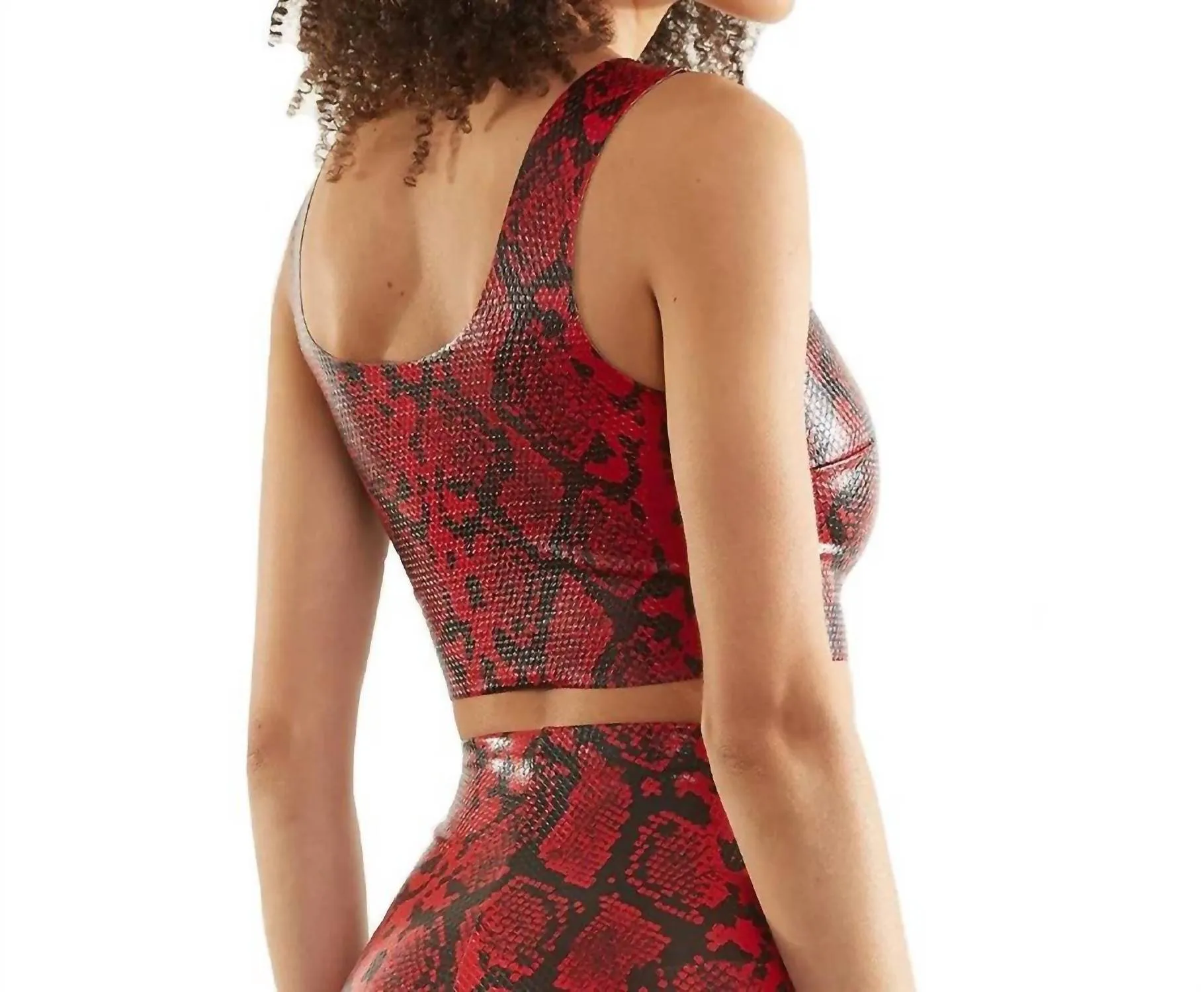 Faux Leather Animal Squareneck Crop Top In Red Snake