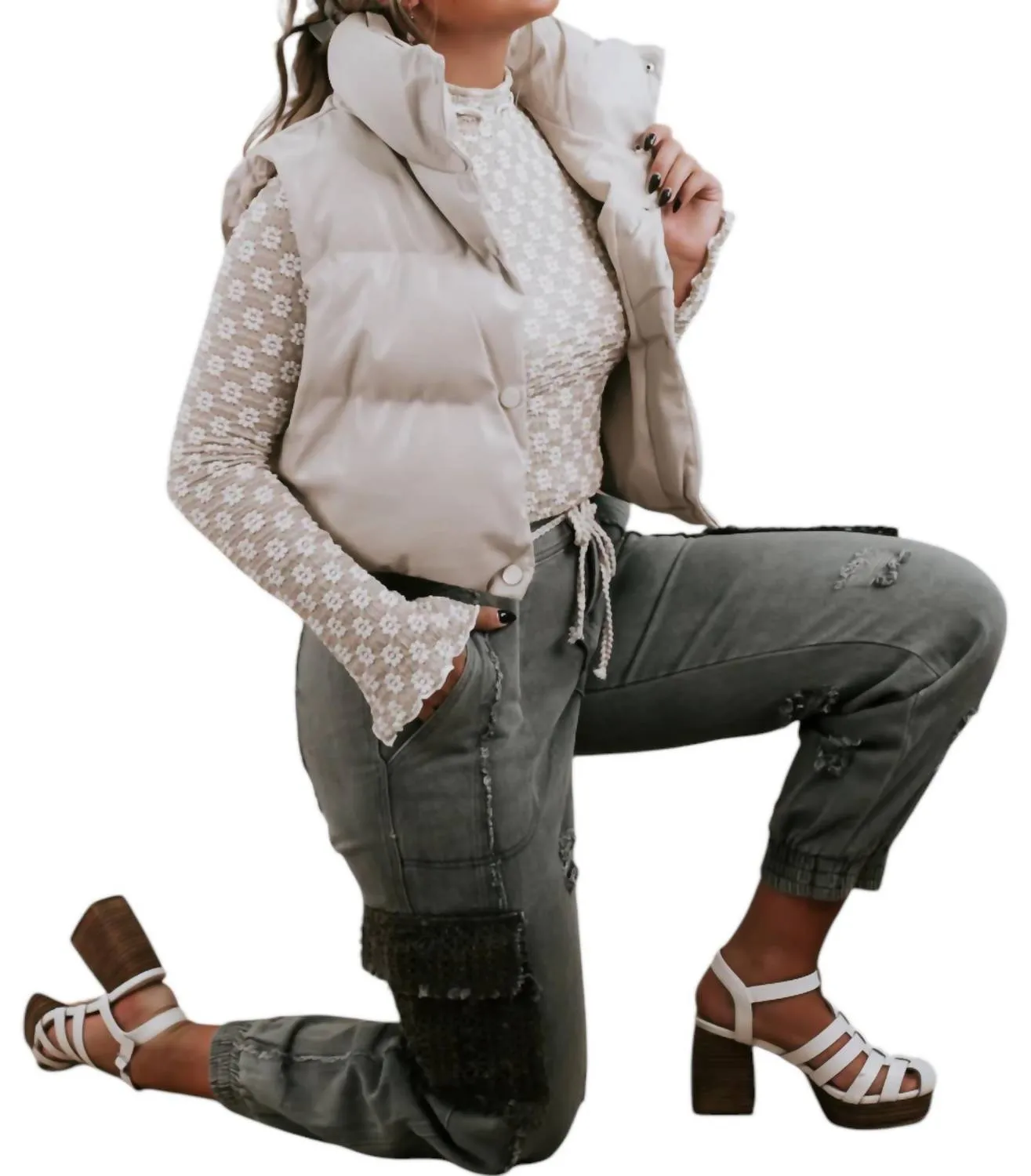 Faux Leather Cropped Puffer Vest In Beige