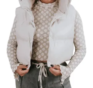 Faux Leather Cropped Puffer Vest In Beige