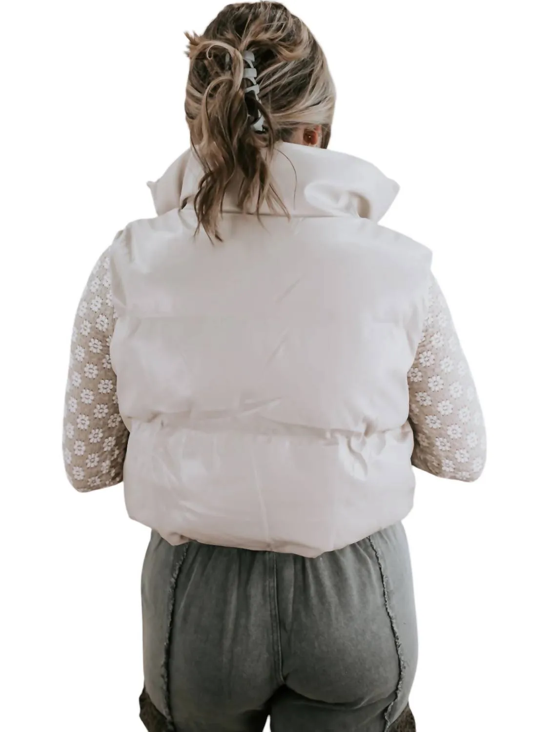 Faux Leather Cropped Puffer Vest In Beige