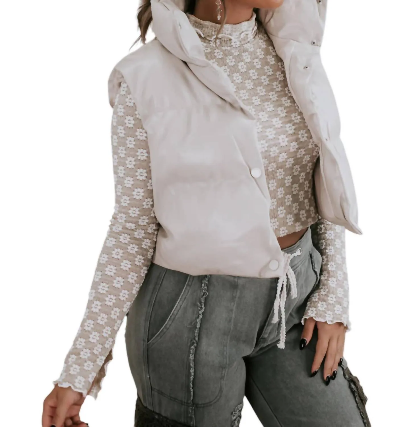Faux Leather Cropped Puffer Vest In Beige