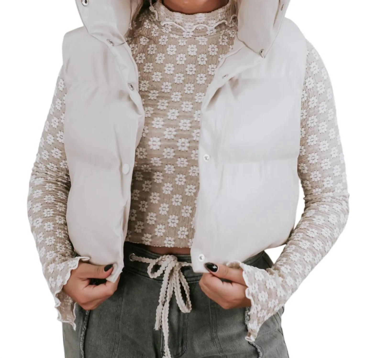 Faux Leather Cropped Puffer Vest In Beige