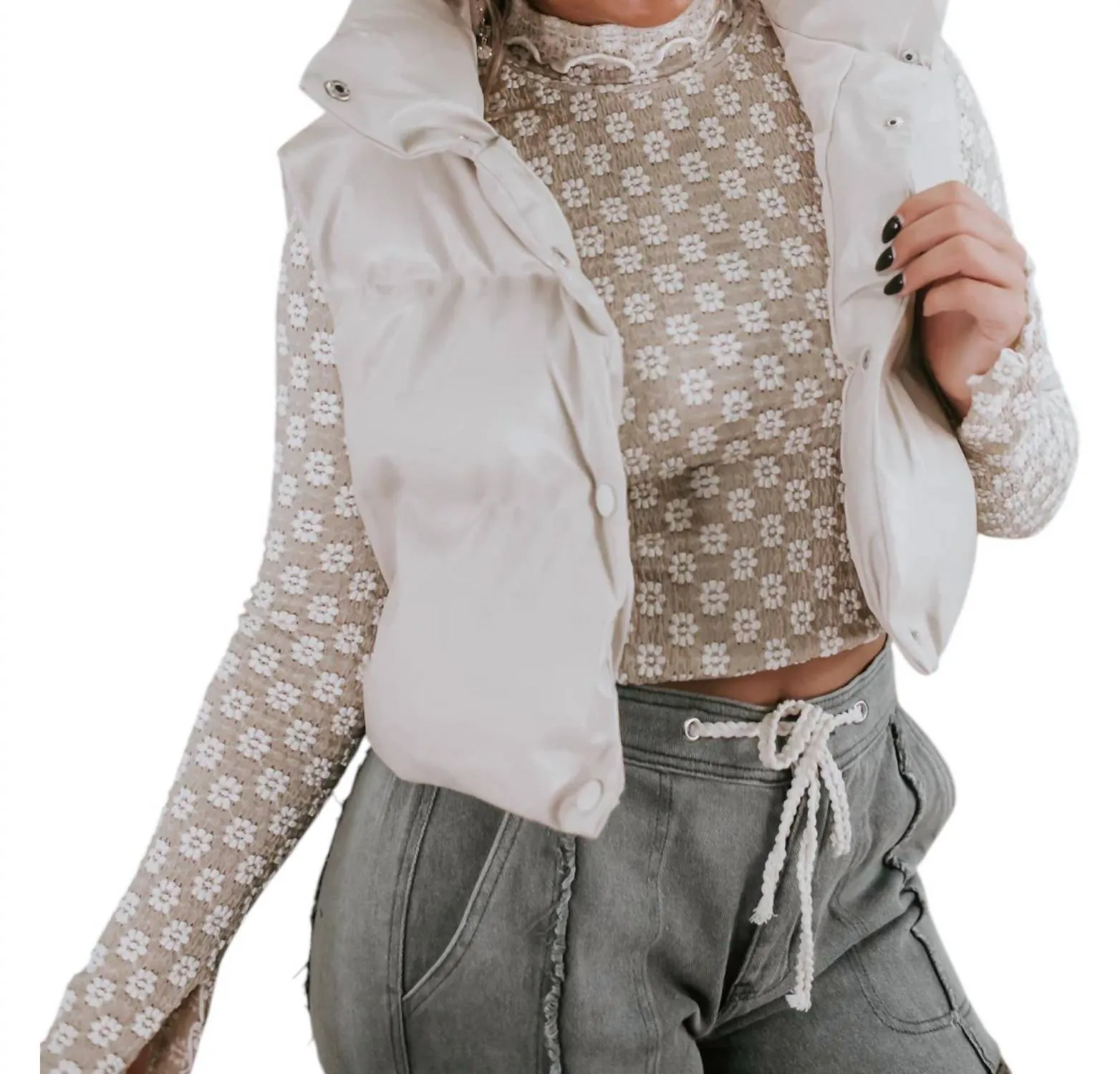 Faux Leather Cropped Puffer Vest In Beige