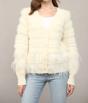 Feather Trim Wool Blend Cardigan In Cream