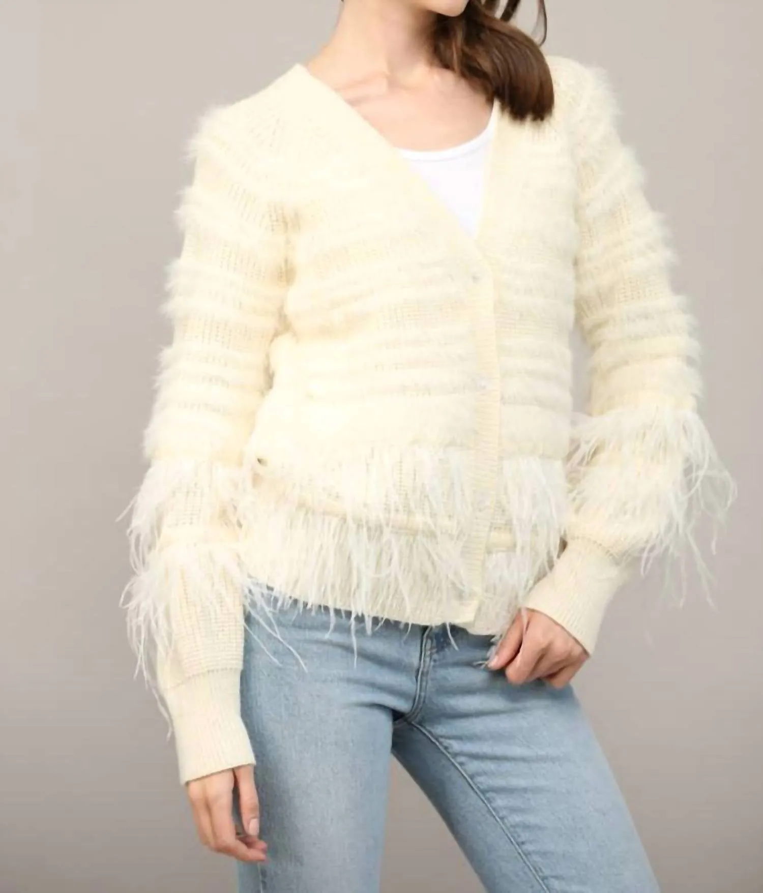 Feather Trim Wool Blend Cardigan In Cream