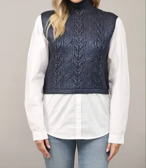 Foil Cable Knit Twofer Sweater In Navy/white