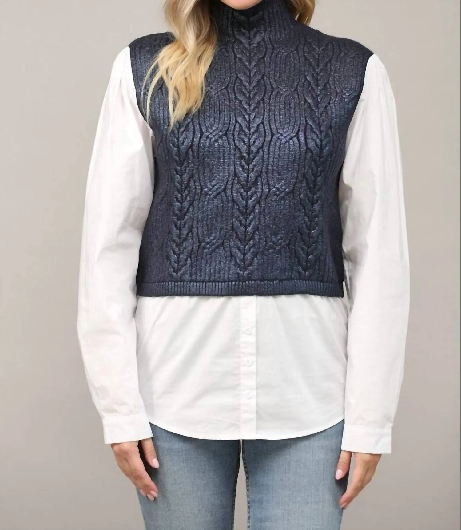 Foil Cable Knit Twofer Sweater In Navy/white