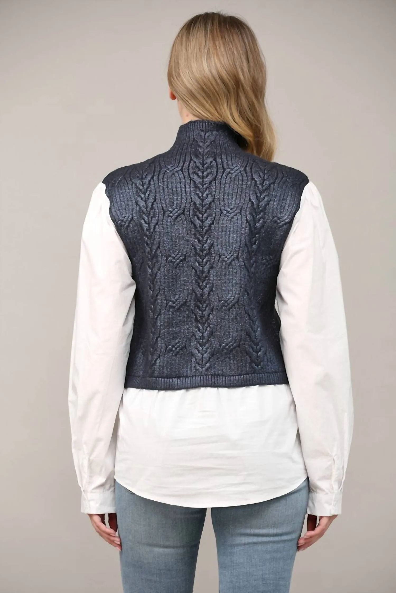 Foil Cable Knit Twofer Sweater In Navy/white