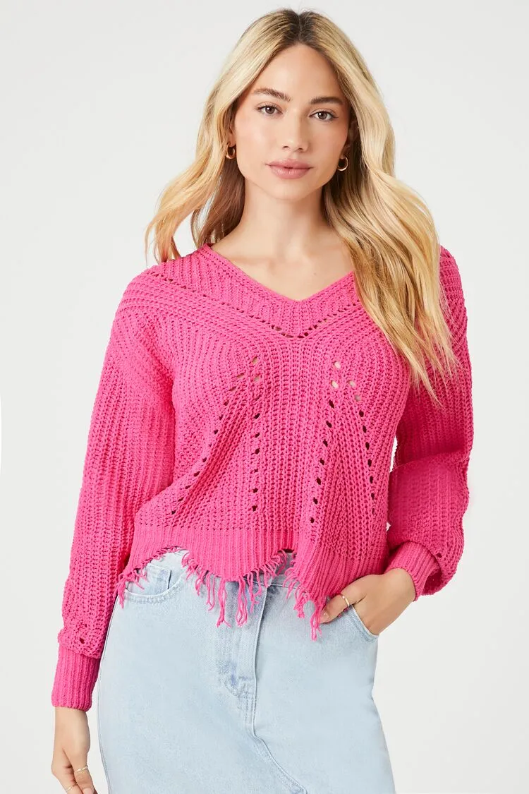 Forever 21 Knit Women's Distressed Sharkbite Cutout Sweater Pink Forever 21