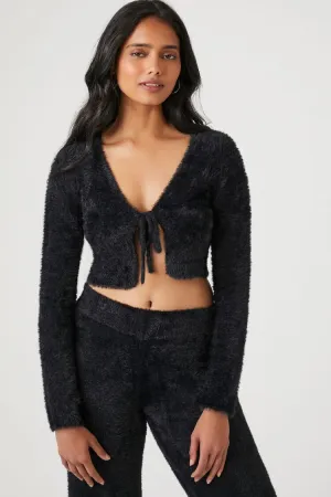 Forever 21 Knit Women's Fuzzy Cropped Cardigan Sweater Black Forever 21