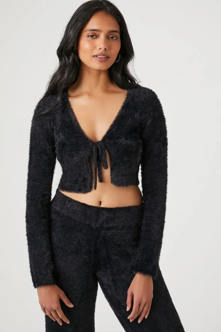 Forever 21 Knit Women's Fuzzy Cropped Cardigan Sweater Black Forever 21