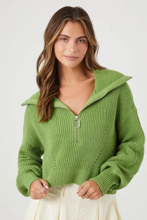 Forever 21 Knit Women's Half-Zip Ribbed Sweater Pepper Green Forever 21