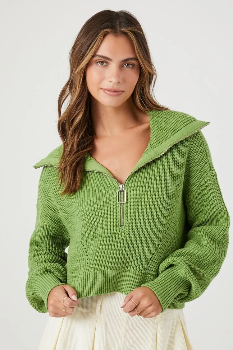 Forever 21 Knit Women's Half-Zip Ribbed Sweater Pepper Green Forever 21