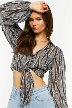 Forever 21 Women's Abstract Chiffon Tie-Front Shirt Black/Ivory Forever 21