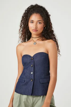 Forever 21 Women's Button-Front Sweetheart Tube Top Dark Denim Forever 21