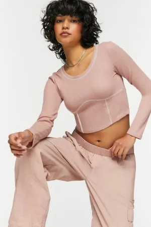 Forever 21 Women's Contrast-Seam Long-Sleeve Crop Top Rose Forever 21
