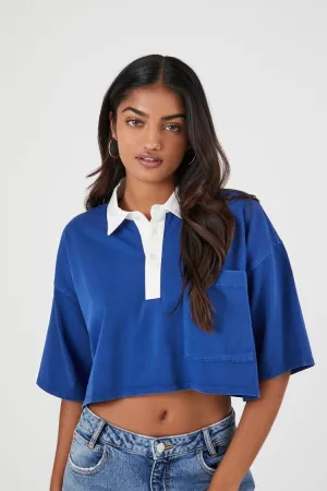 Forever 21 Women's Cropped Rugby Shirt Dark Blue Forever 21