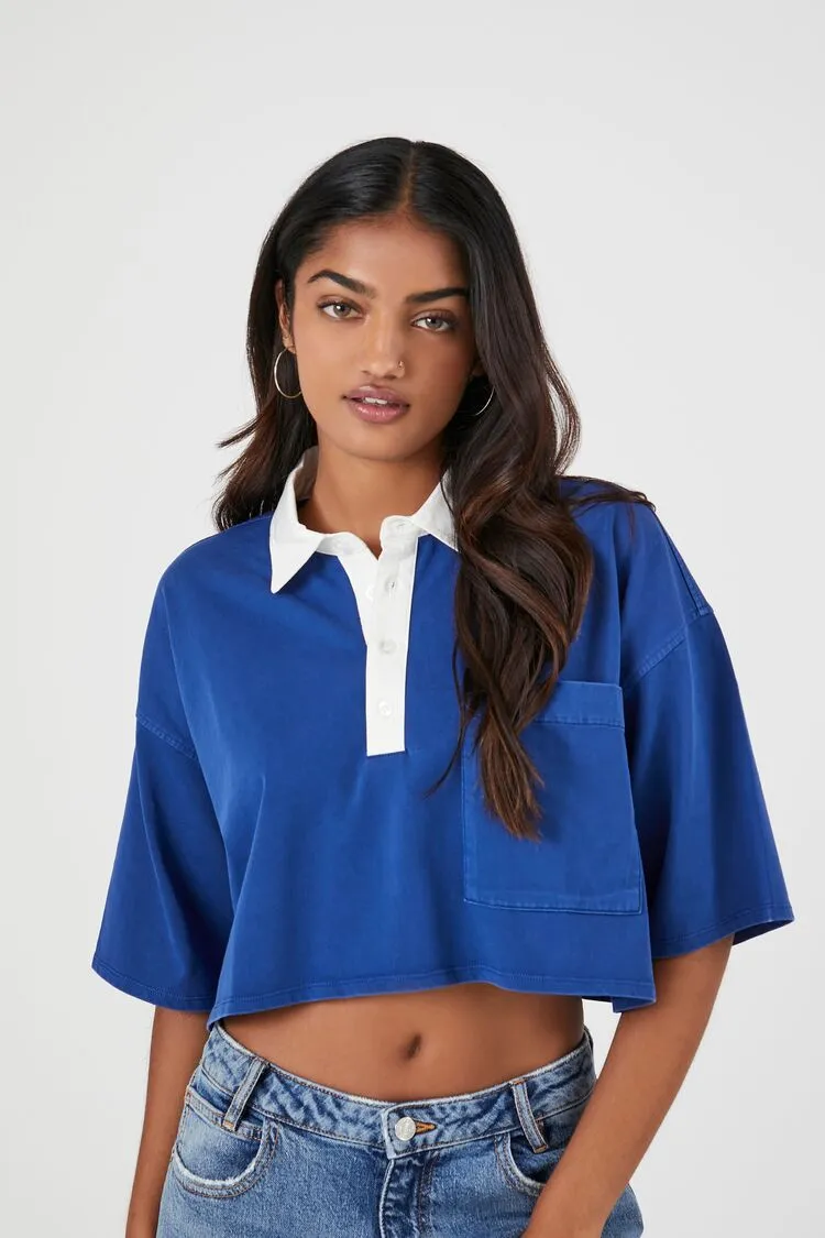 Forever 21 Women's Cropped Rugby Shirt Dark Blue Forever 21