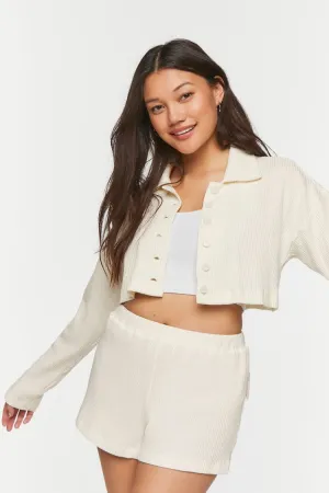 Forever 21 Women's Cropped Waffle Knit Shirt & Shorts Set Cream Forever 21