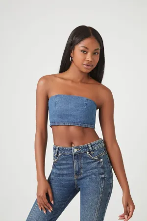 Forever 21 Women's Denim Raw-Cut Cropped Tube Top Medium Denim Forever 21